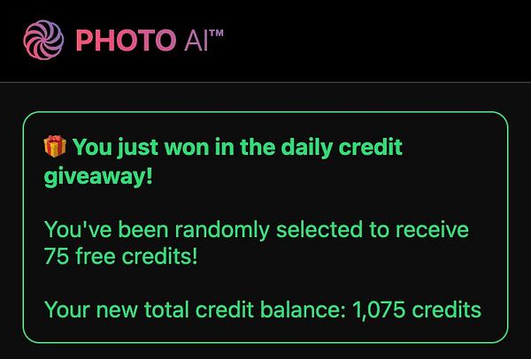 A notification about winning credits in a giveaway from PHOTO AI.
