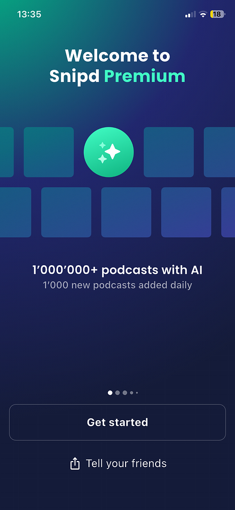 The image displays the welcome screen for Snipd Premium, highlighting its features and options.