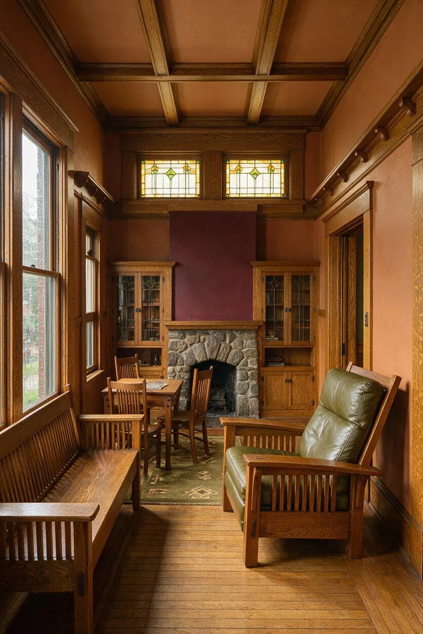 A narrow Craftsman-style living room with rich wood paneling, a coffered ceiling, and stained glass transoms above a central stone fireplace. Wooden benches, a small table with chairs, and a green leather armchair create a cozy seating arrangement along the room’s length.