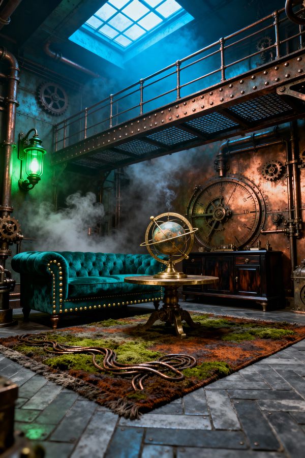 A steampunk living room with a deep teal tufted velvet Chesterfield sofa studded with brass nails sits before a round brass pedestal table topped with an armillary globe. Burnished copper walls with pipes, gears, and a large gauge lie beneath a riveted steel mezzanine; a green industrial lantern, herringbone slate floor, and a mossy green-and-rust rug with coiled copper accents are lit by a blue-tinted skylight as wisps of steam drift through.