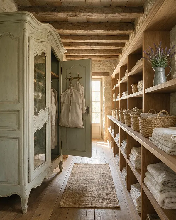 A narrow French Country closet with a distressed antique armoire on the left, open wood shelving on the right, and a pale green door at the far end. The space features exposed wood ceiling beams, stone walls, a woven runner rug, folded linens, wicker baskets, and a metal pitcher holding lavender.