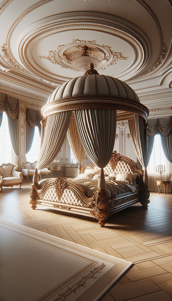 A luxurious Lit à la Polonaise bed setup in a spacious, elegantly decorated bedroom with rich fabrics draping from its domed canopy down to its intricately carved posts.