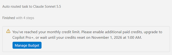Notification about reaching monthly credit limit with options to manage budget or upgrade.