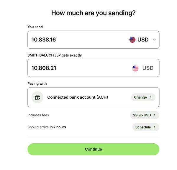 The image displays a payment interface for sending money to a law firm.