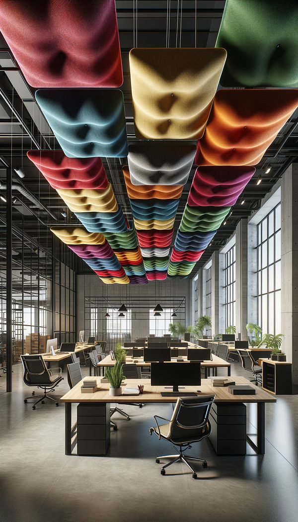 A modern open-plan office space with ceiling-suspended acoustic baffles made of colorful fabric.
