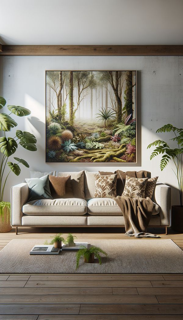 A cozy living room with a large sofa upholstered in barkcloth, surrounded by lush indoor plants, creating an inviting, organic atmosphere.