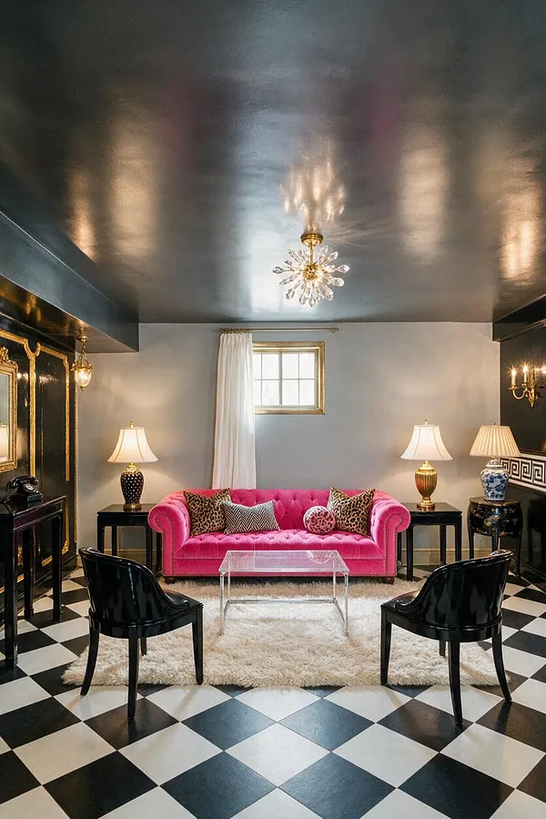 A Hollywood Regency basement lounge with a glossy black ceiling, black-and-white checkered floor, and a vivid hot pink tufted sofa centered on a white shag rug. Clear acrylic coffee table, black chairs, gold-trimmed mirrors, and table lamps create a dramatic, glamorous atmosphere.