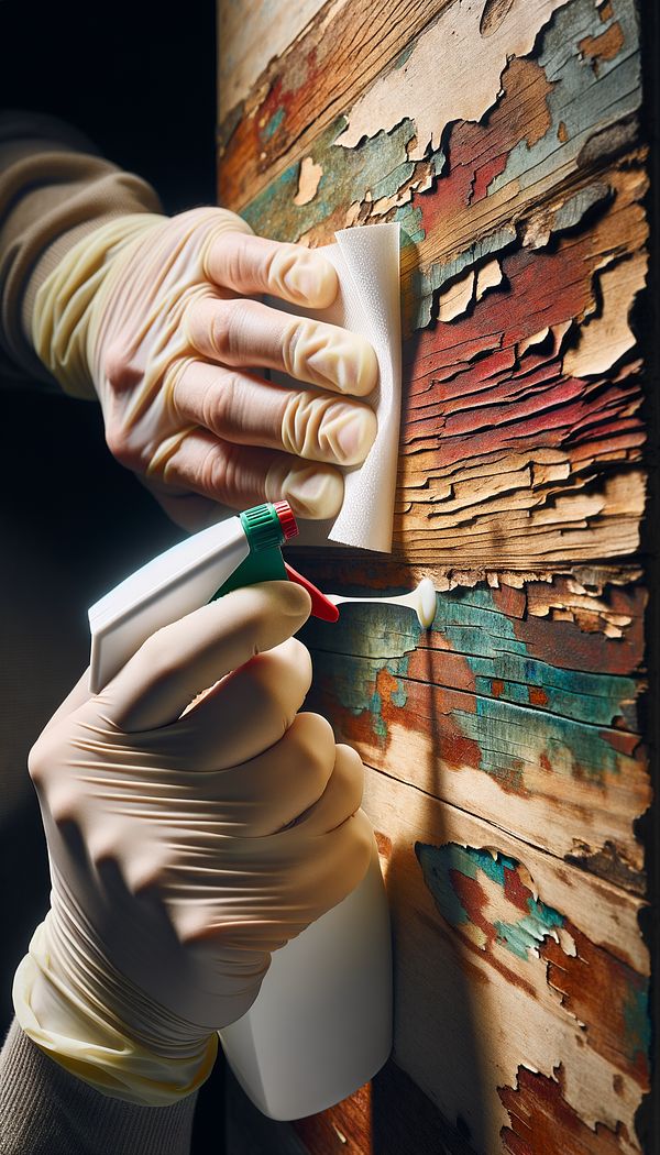 A close-up image of a hand wearing a protective glove, applying a chemical stripper to a wooden surface with visible layers of old paint being dissolved and peeled away.