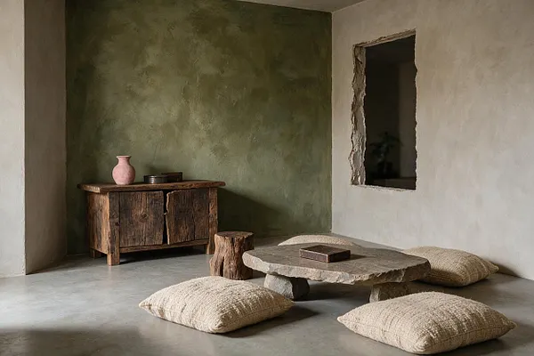 A minimalist game room with a low stone table centered on a concrete floor, surrounded by beige floor cushions and a small tree-stump stool. The room features textured plaster walls, an olive-green accent wall, a rough-hewn wooden cabinet, and a small pink vase on top, creating a calm, earthy atmosphere.
