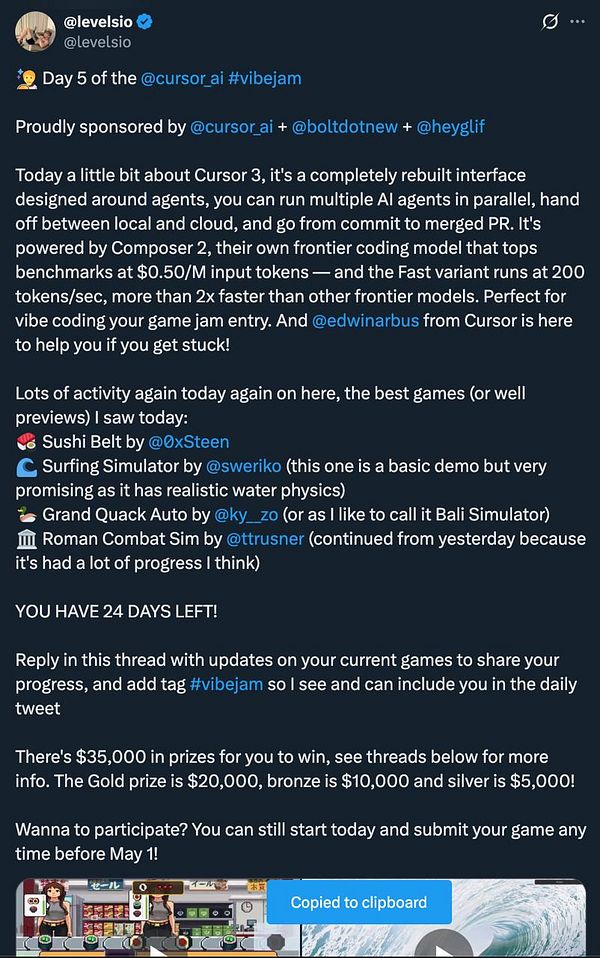 Screenshot of a Tweet showing a text update about Day 5 of #vibejam with an image and social media interface elements.
