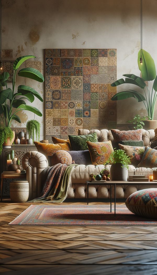 A cozy living room filled with a variety of textures and patterns, featuring a comfortable sofa, vibrant pillows, and lush plants, embodying the Boho Chic style.