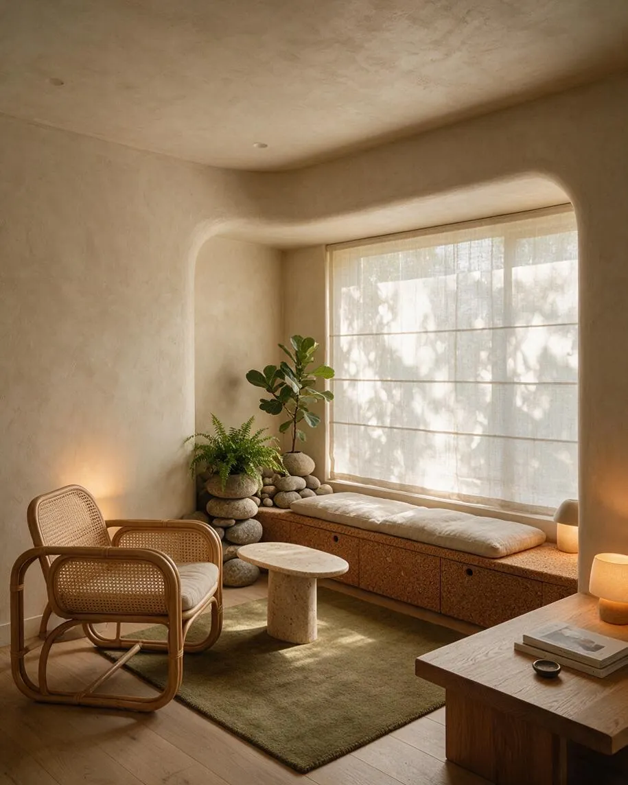 A serene sunroom with plaster-textured beige walls, a large softly filtered window, and built-in cork-toned bench seating topped with a cream cushion. A rattan lounge chair, stone side table, moss-green rug, and potted plants create a calm biophilic retreat filled with warm natural light.