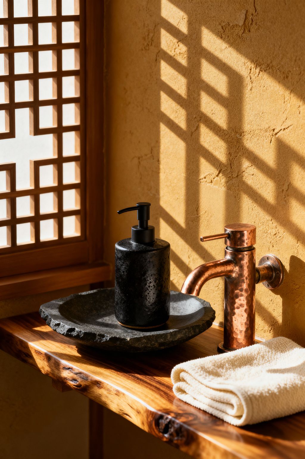 Close-up of a Japanese-inspired laundry sink vignette with sunlight streaming through a wooden shoji screen, casting grid shadows on a warm ochre, textured plaster wall. A live-edge wood countertop holds a hammered copper faucet, a rough black stone dish with a matte black soap dispenser, and a folded cream towel, emphasizing natural materials and a wabi-sabi, minimalist aesthetic.