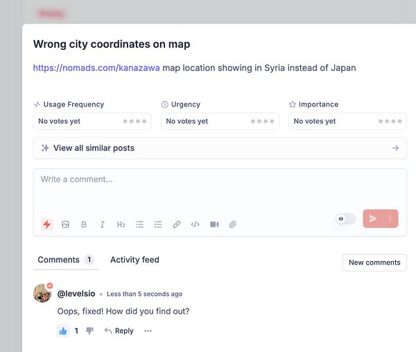 A task interface displaying an issue with incorrect city coordinates for Kanazawa, Japan.