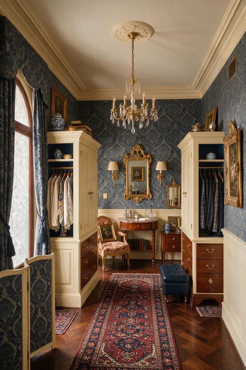 A narrow traditional closet with blue damask wallpaper, cream built-in wardrobes, and a crystal chandelier hanging from a detailed ceiling medallion. The room includes a patterned runner rug, wood parquet floors, a small table, ornate mirrors, and classic upholstered seating.