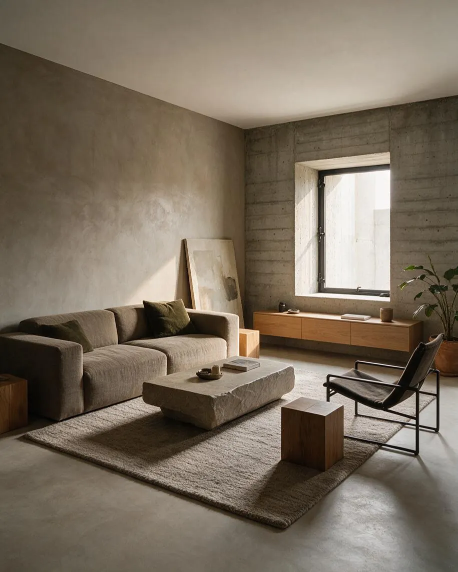 A minimalist living room with raw concrete walls, a soft taupe sofa, and a heavy rectangular stone coffee table on a textured rug. A low wood media console, black-framed lounge chair, and warm natural light from a single window complete the calm Brutalist space.