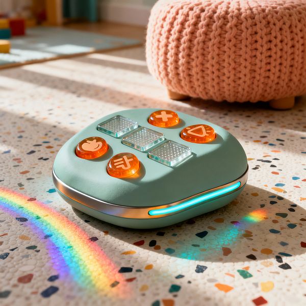 A sunlit kids’ play area features a mint-green, rounded interactive toy on a speckled terrazzo floor. The device has amber translucent buttons, small textured clear pads, a brushed metal band, and a slim cyan LED strip. Nearby is a blush knitted pouf on short wooden feet, with pastel toys in the distance; a rainbow from the light reflects across the floor, creating a playful futuristic mood.