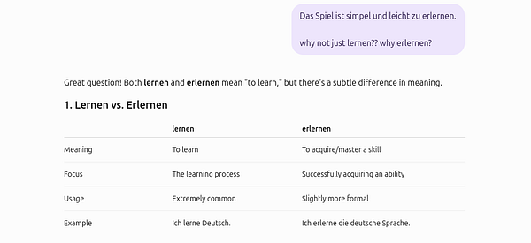 A text explanation comparing the German verbs "lernen" and "erlernen" with meanings, focus, usage, and examples.