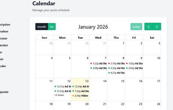 Screenshot of a web interface dashboard displaying a calendar and an event color management panel focused on 'No Videos' post color settings.
