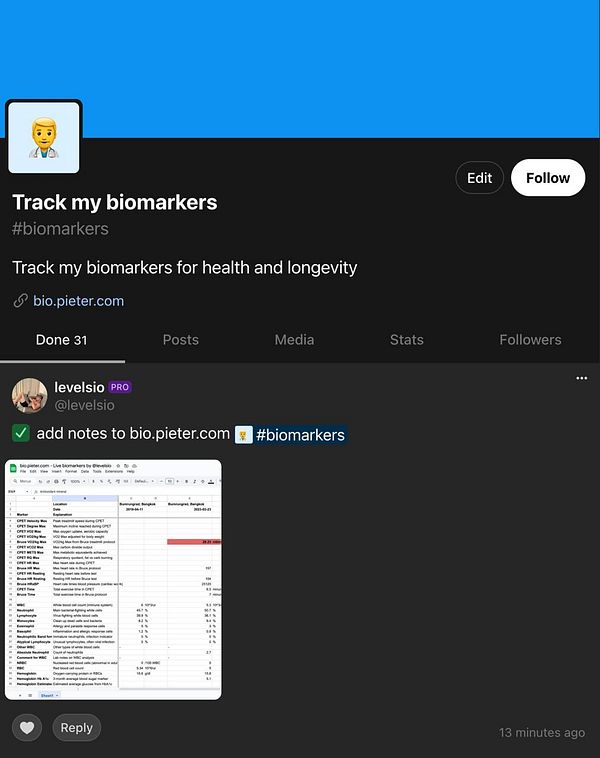 The image displays a project page for tracking biomarkers, featuring a user comment with a spreadsheet attachment.