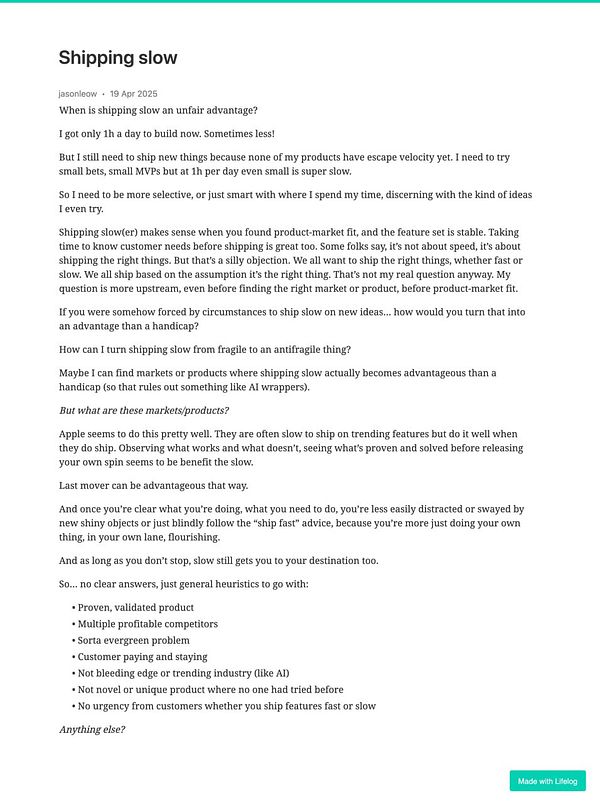 The image features a detailed blog post discussing the implications of slow shipping in product development.