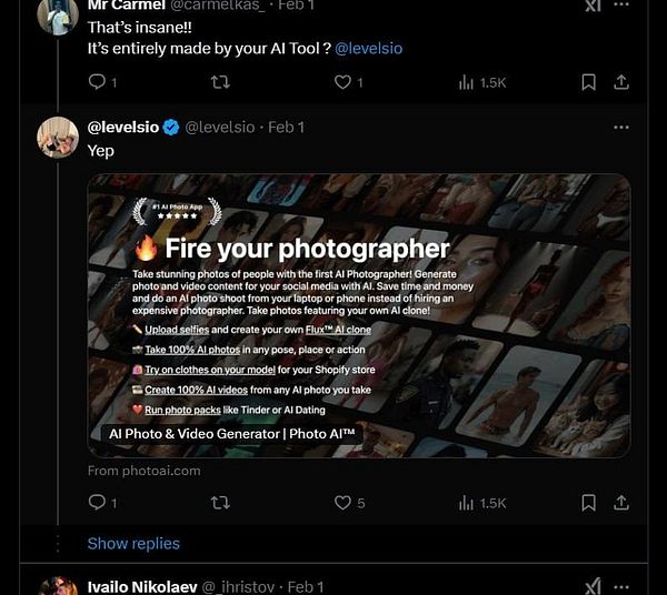 A Twitter conversation featuring a promotional post for an AI photography tool.