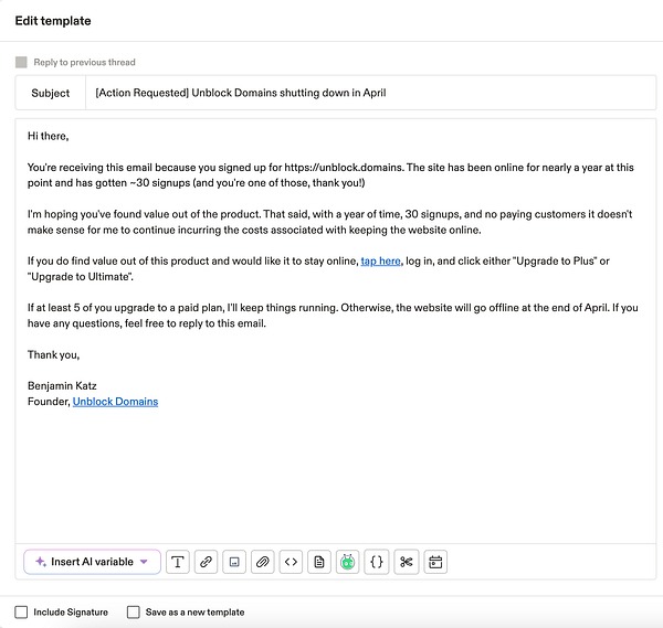 An email template urging users to upgrade to a paid plan to prevent the shutdown of a website.