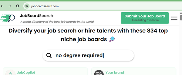 A user interface showing multiple job board categories with clickable icons and search functionality is displayed.