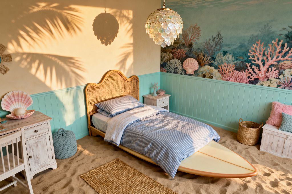 A sunlit kids' bedroom in coastal style features a rattan bed with blue striped bedding, its foot extending over a surfboard. Seafoam-green beadboard wraps the room beneath an underwater coral reef mural. A capiz shell pendant hangs above whitewashed nightstands and a desk. The floor is layered with beach sand and a narrow jute rug, with woven baskets, a knitted pouf, and shell accessories completing the scene.