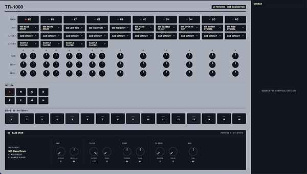 Wireframe of a basic website UI design showing layout blocks for a header, content area with sidebar and main content, video sections, and footer statistics.