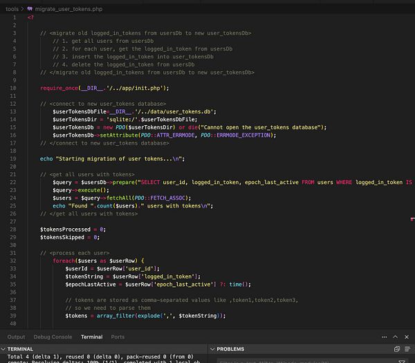 The image displays a code snippet for a PHP script designed to migrate user login tokens from one database to another.