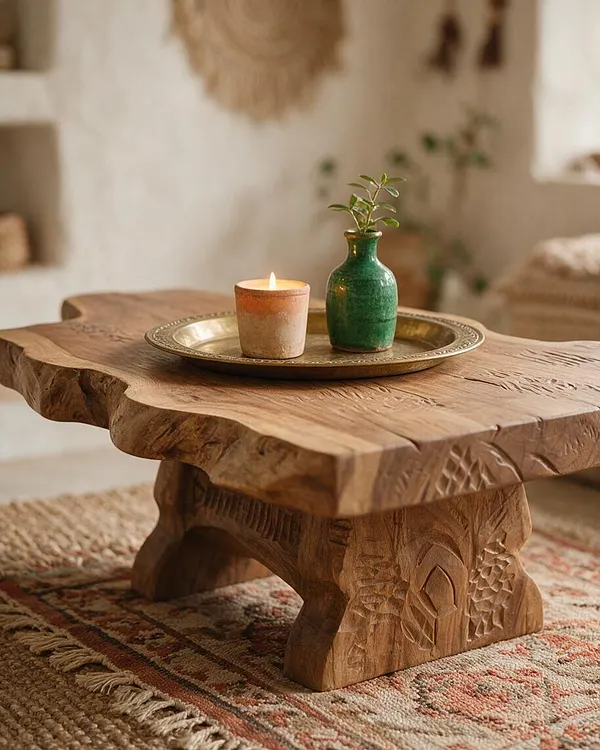 A rustic low wooden coffee table with a thick carved top sits on a patterned bohemian rug. A brass tray holds a lit candle and a small green ceramic vase with a sprig of greenery, while the softly blurred background shows warm neutral decor and woven textures.