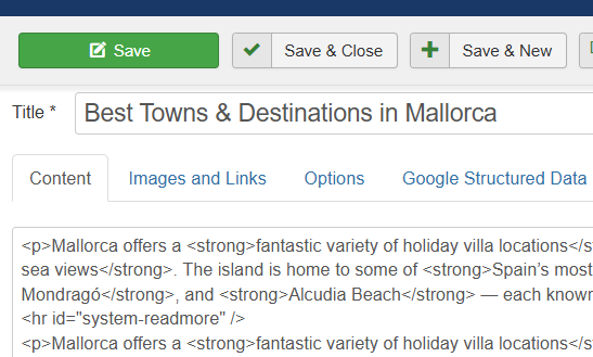 The image displays a content management interface for an article titled 'Best Towns & Destinations in Mallorca'.