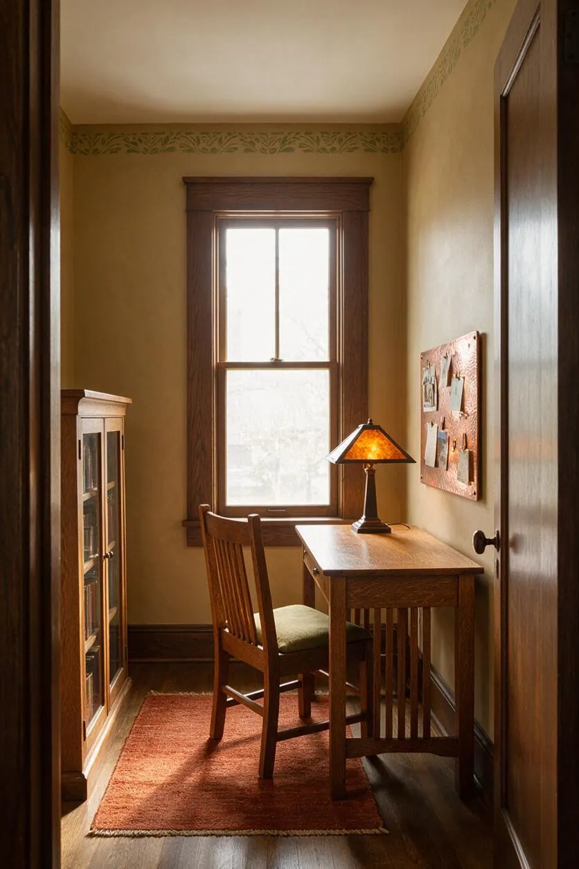 A narrow Craftsman-style home office with warm wood trim, a single window, and a small wooden desk paired with a matching chair. A table lamp with an amber stained-glass shade sits on the desk, while a rust-colored rug and a glass-front cabinet add warmth and vintage character.