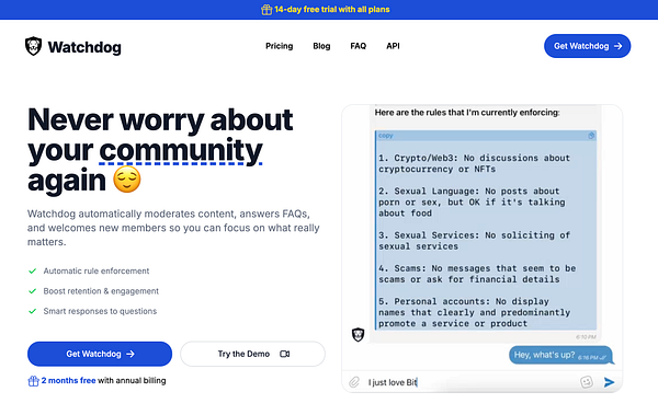 The image features a promotional webpage for Watchdog, highlighting its community moderation features alongside a chat interface displaying community rules.