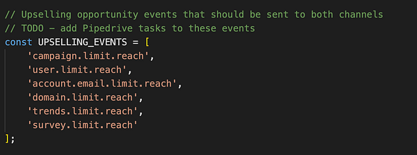A code snippet defining upselling opportunity events in a programming context.