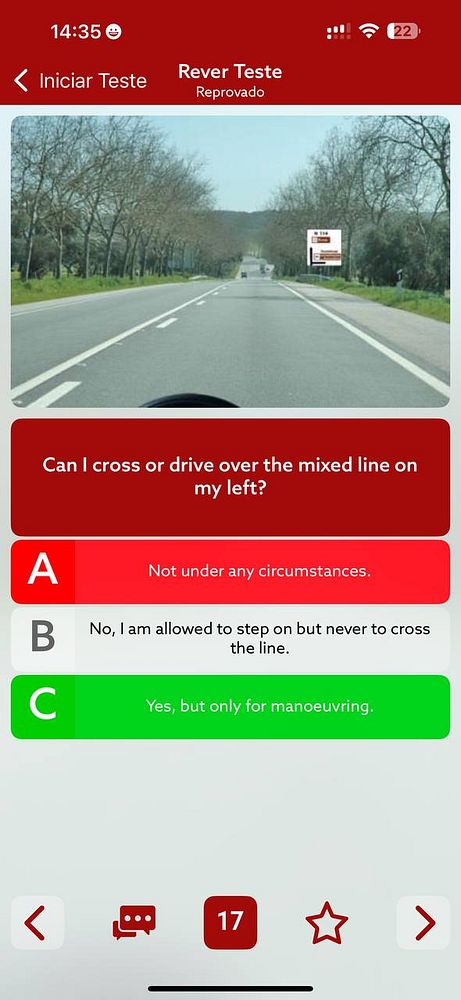 The image depicts a driving theory test interface with a question about crossing a mixed line, alongside a road view.