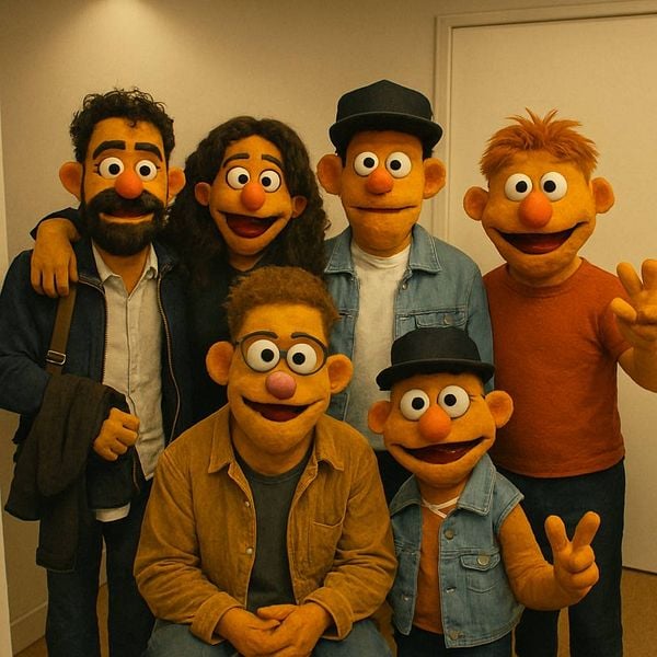A group of six individuals, including puppets, poses together in a casual setting.