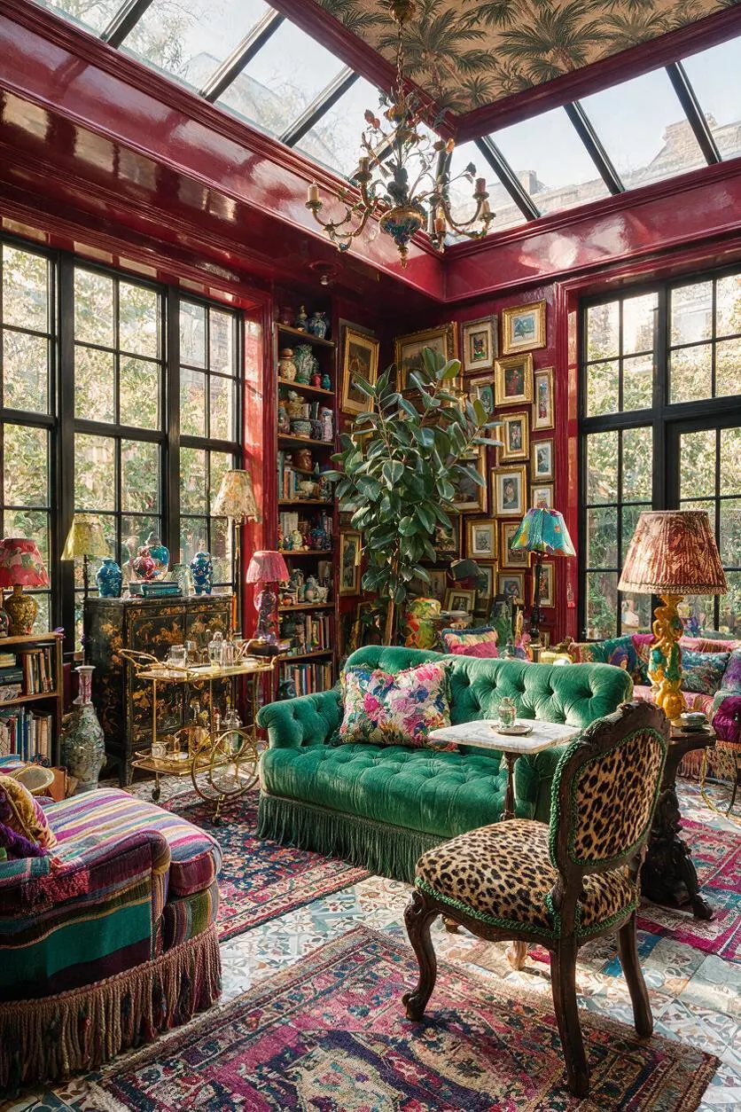 A sunroom with glossy burgundy walls and a glass ceiling, filled with layered rugs, a green velvet sofa, leopard-print chairs, and colorful lamps. Framed artwork, books, plants, and a chandelier create a lush, highly decorated maximalist space.