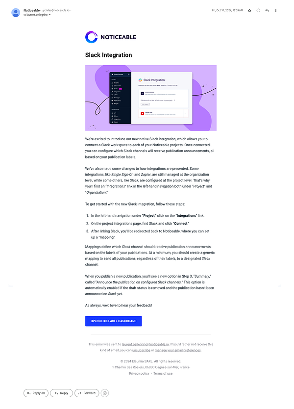The image displays an email announcement about a new Slack integration feature from Noticeable.