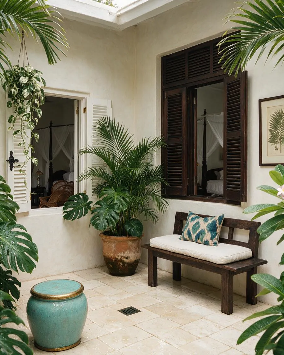 A small tropical courtyard with cream stucco walls, pale stone tile flooring, dark wood louvered windows, and open shutters. The space is filled with lush potted palms and trailing greenery, with a wooden bench topped by a white cushion and patterned throw pillow, plus a blue ceramic stool in the foreground.
