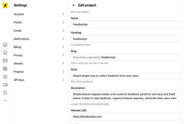 Screenshot of a WIP.co task edit interface showing a change of task title from 'liny' to '#feedbackjar'.