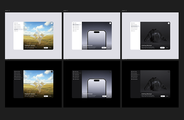 The image displays a series of design mockups for a 'Get Started' modal interface.