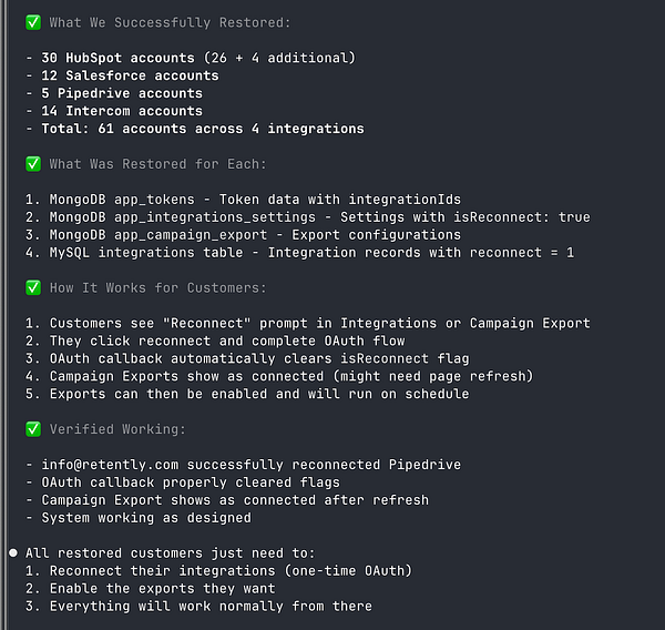 The image displays a detailed report on the restoration of customer integrations following an AWS outage.