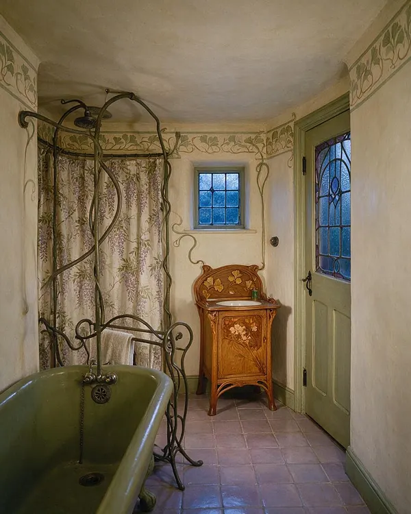A compact Art Nouveau bathroom with an olive green clawfoot tub in the foreground, a wrought iron shower frame with flowing curves, and a carved wooden vanity with floral inlay beneath a small blue-paned window. Soft cream walls feature hand-painted vine motifs, and a sage green door with decorative glass adds to the period charm.