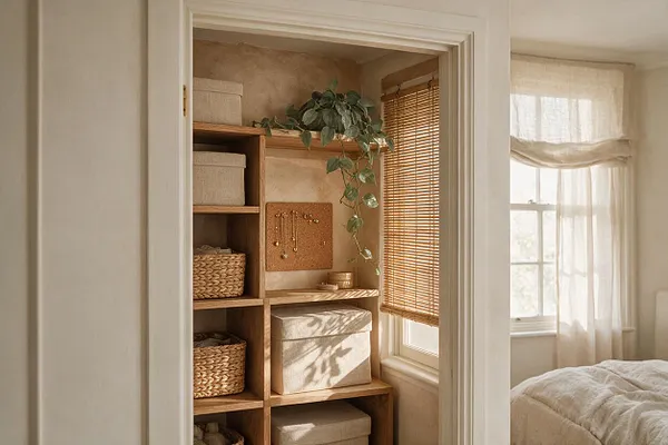 A small closet organized with open wooden shelving, woven baskets, and soft fabric storage boxes. A trailing green plant, bamboo blinds, and warm sunlight create a calm biophilic feel beside a bedroom window with sheer curtains.