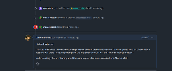 A discussion thread regarding a closed pull request in a project management interface.