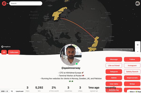 The image displays a user profile on a map-based platform featuring a user from Norway.