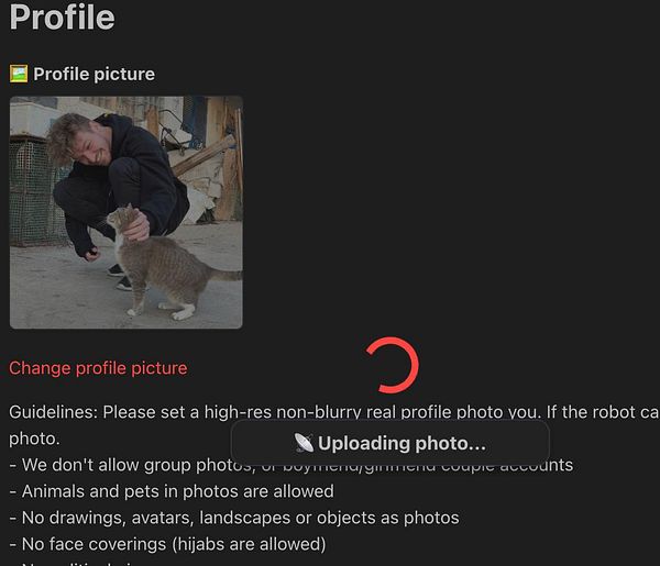 A user interface for changing a profile picture, featuring a person interacting with a cat.