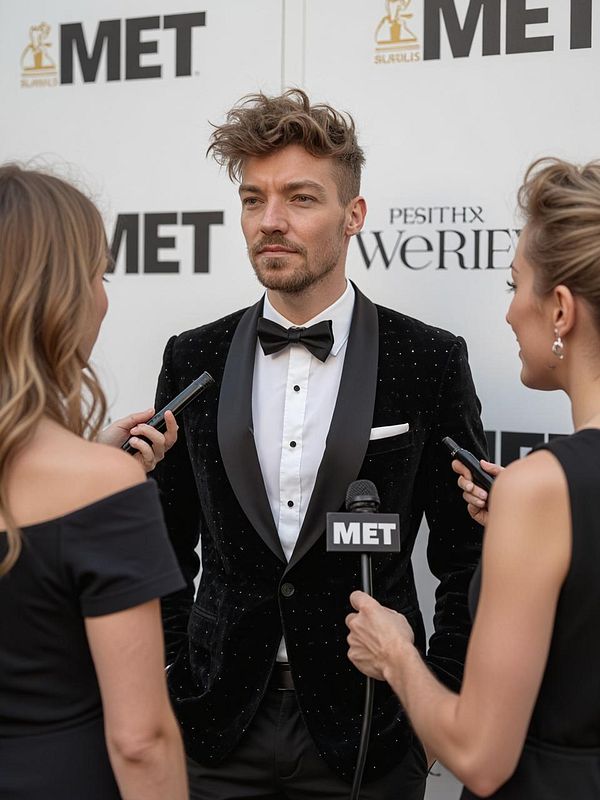 A man in a stylish black tuxedo is being interviewed on the red carpet at the Met Gala.
